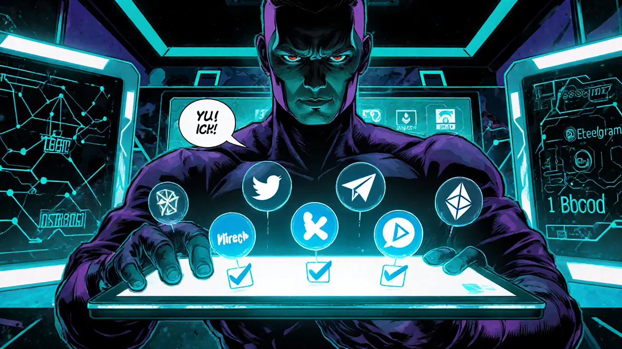 A character uses a futuristic tablet to check off social media tasks: watchlist, Twitter, retweet, Telegram, Discord.