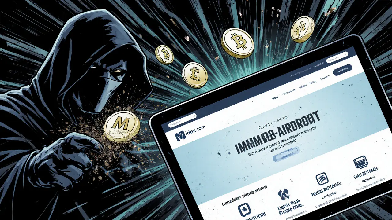 A hacker draining a wallet with BNB and ETH while a legitimate Mdex site glows safely nearby.