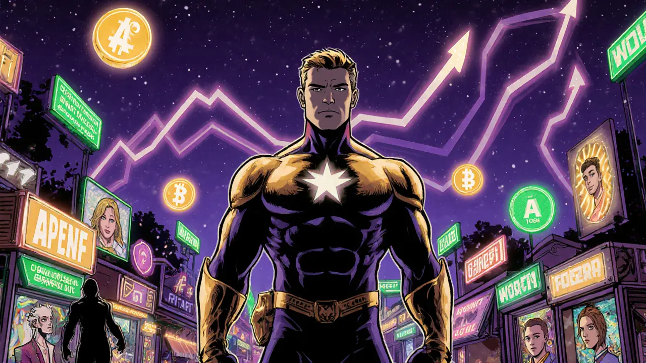 A hero stands before a bustling NFT marketplace, showing governance voting, gaming avatars, and a rising token value.
