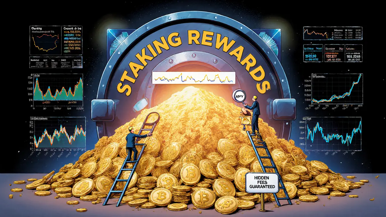 A vault opening to reveal crypto coins and climbers on compounding graphs, with warnings about hidden fees and unstable APY.