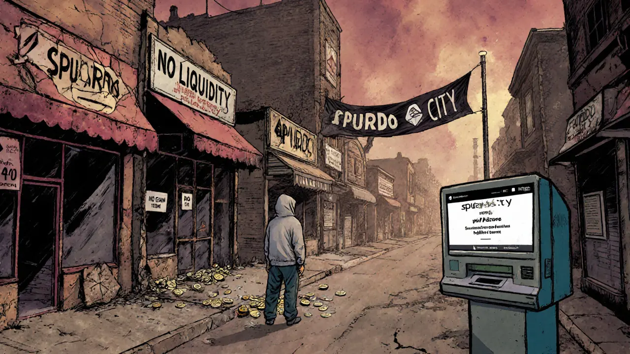 Abandoned digital town called SPURDO CITY with empty shops and a lone figure facing a dead website, symbolizing the token&#039;s collapse.