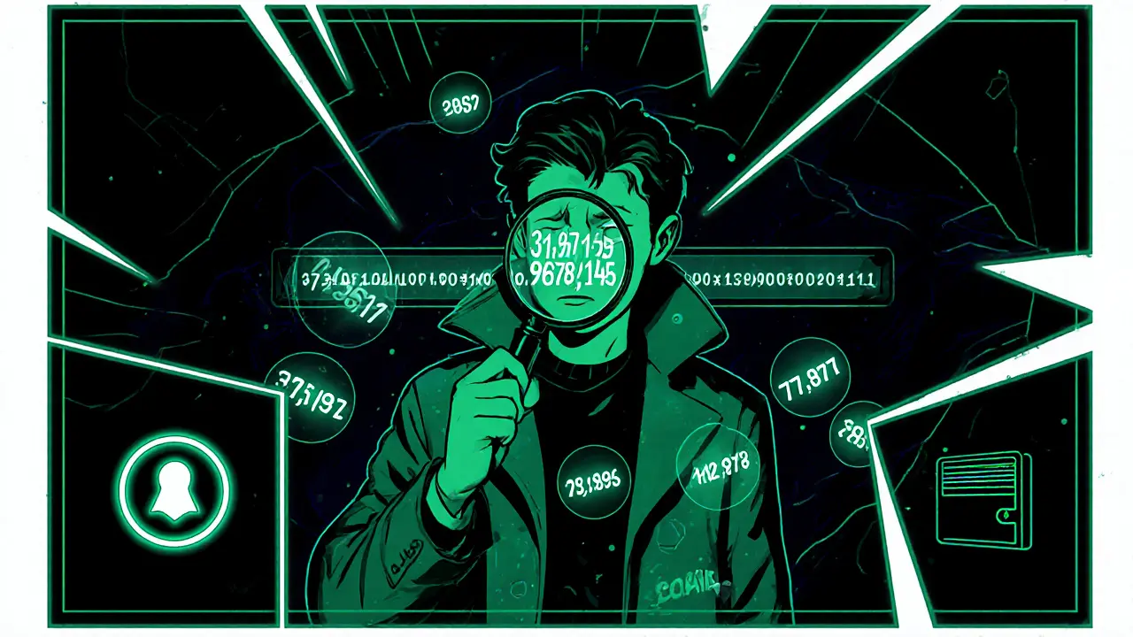 Analyst examining huge contradictory numbers and a glowing contract address in a neon comic scene.