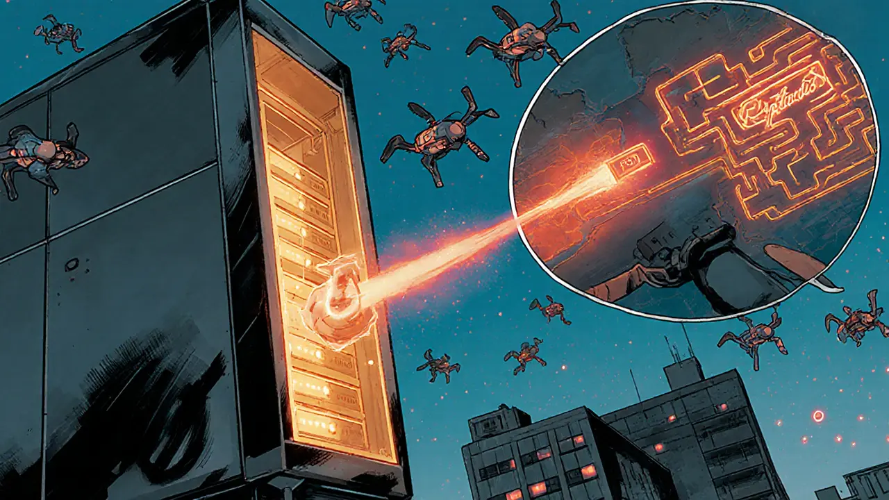 Archivist server validating signed data from Sentinel drones over a warehouse rooftop.
