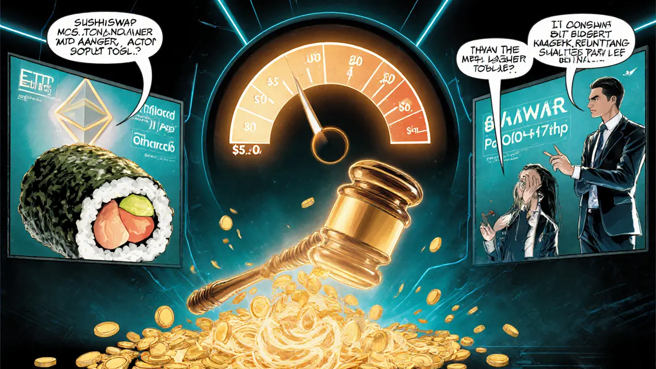 Auction gavel lowering price meter while sushi roll pool spills DIVER tokens into an Ethereum symbol.