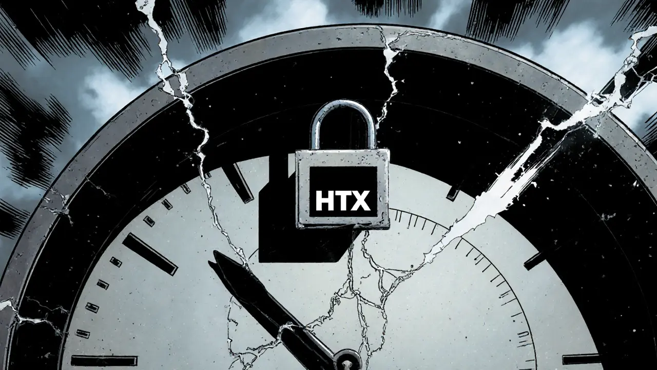 Clock with cracked face and HTX logo under regulatory shutdown shadow.