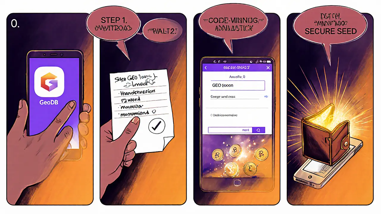 Comic panels illustrate the GEO airdrop steps: app download, seed phrase, referral code, and daily reward.