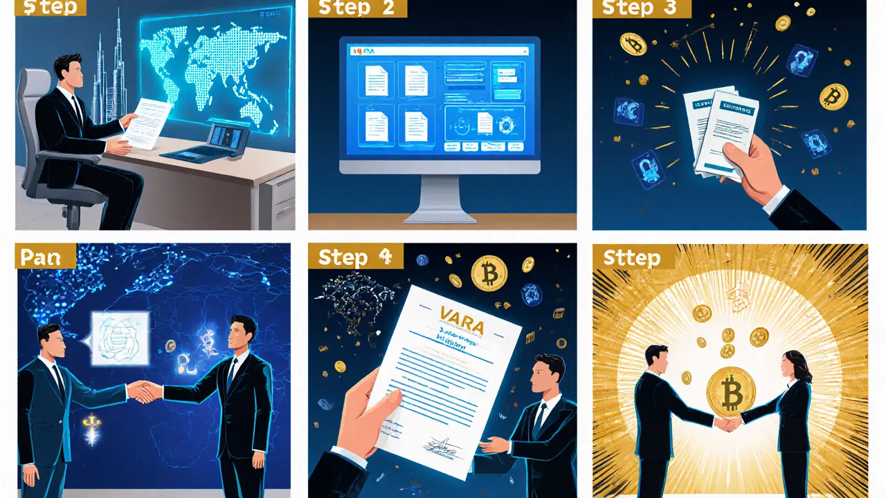 Comic panels illustrating the six VARA licensing steps with documents and holographic screens.