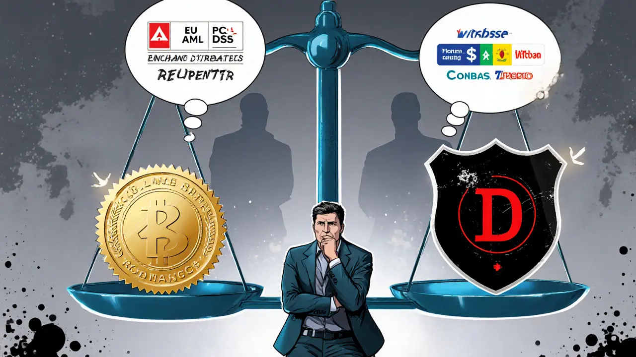 Comic‑style scale balancing Klickl&#039;s regulatory strengths and security rating against rivals.
