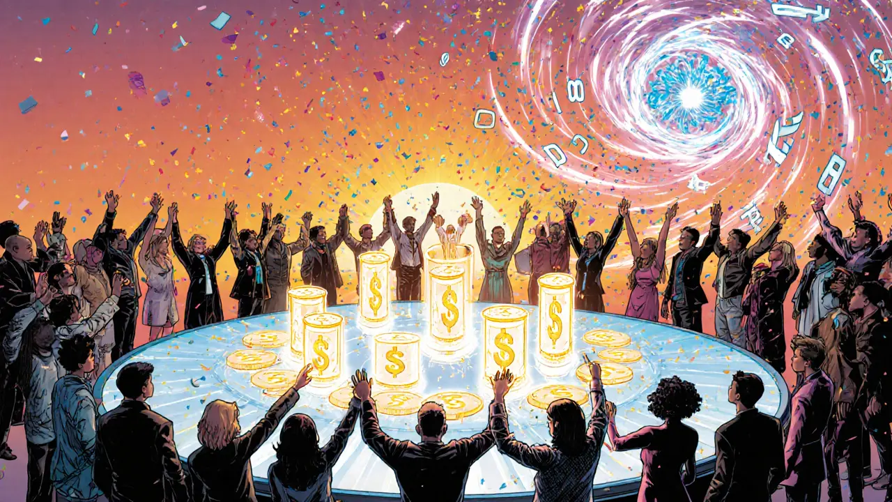 Community gathers around a holographic table, staking and providing liquidity with SOS tokens.