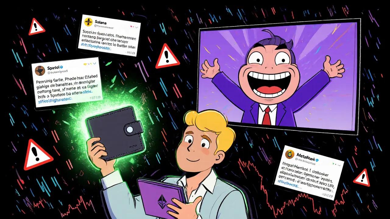 Confused investor holding two wallets as a Swedish meme character laughs, surrounded by warnings about buying the wrong SPURDO token.