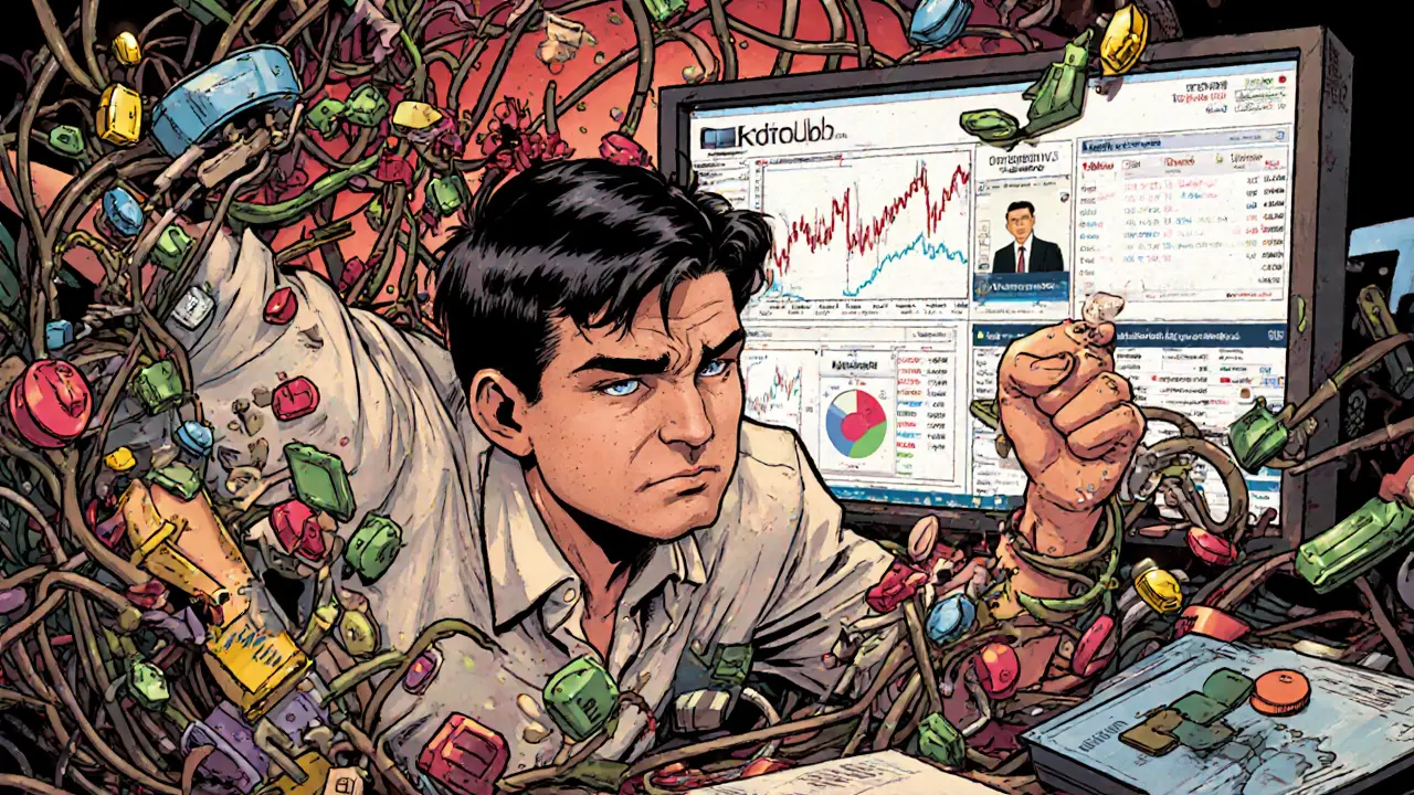 Confused trader overwhelmed by complex trading interface elements.