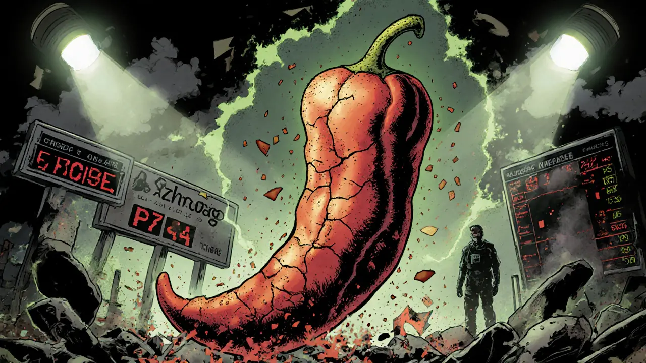 Dusty zombie-like chili token surrounded by storm clouds and broken exchange signs, ominous mood.