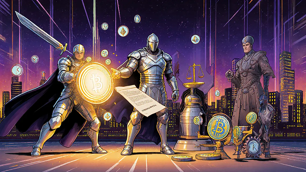 Four DeFi heroes: Uniswap swordsman, Aave guardian, MakerDAO alchemist, Curve engineer in a digital arena.