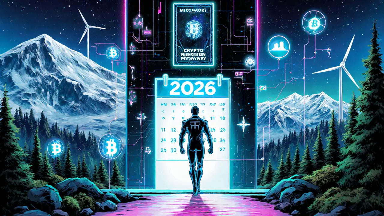 Futuristic city with renewable energy sources and a hero stepping through a crypto migration portal toward 2026.