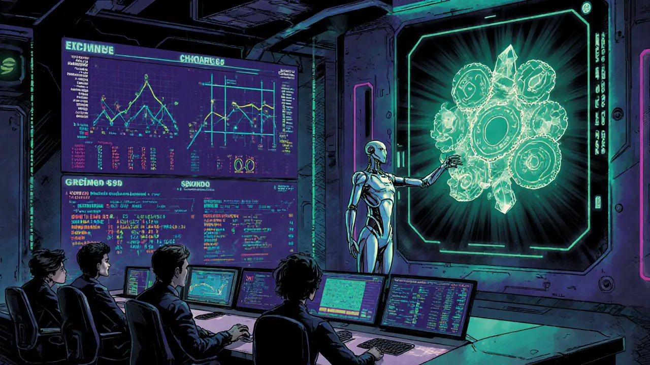 Futuristic exchange control room with holographic screens, AI avatar, and hybrid consensus engine.