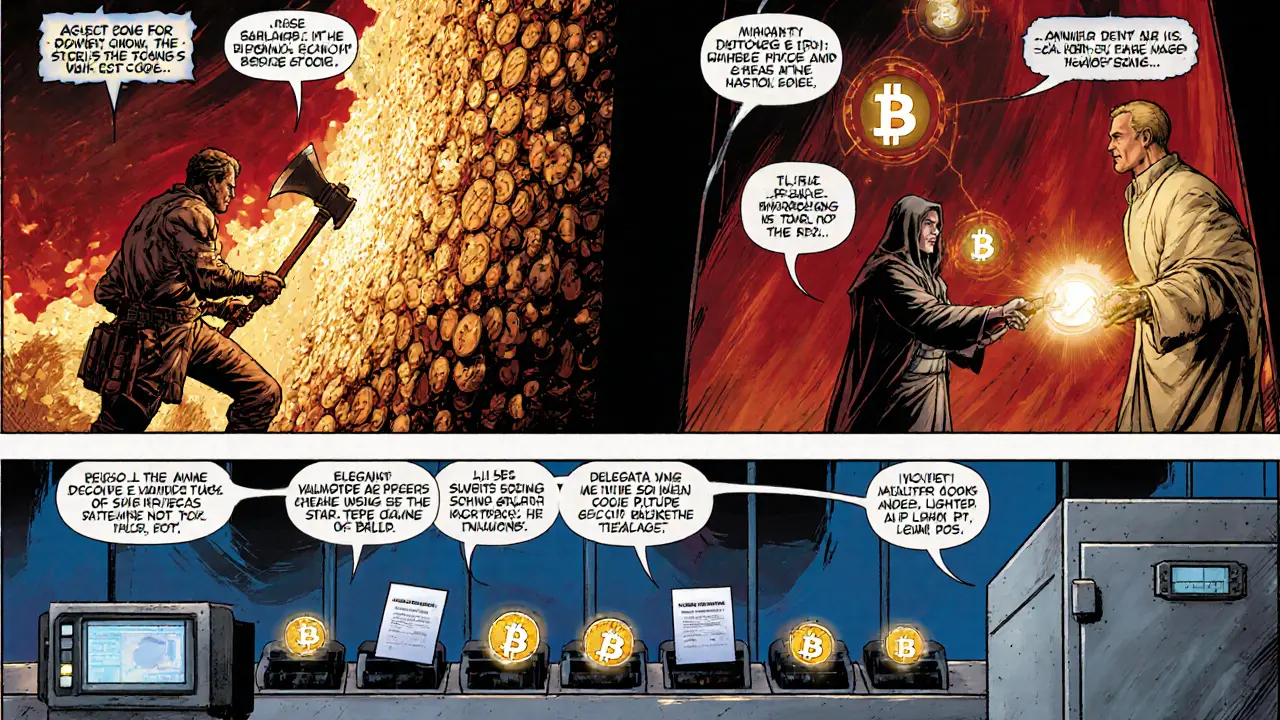 Graphic novel spread showing PoW miners, PoS validators, DPoS delegates, and verification pipeline.