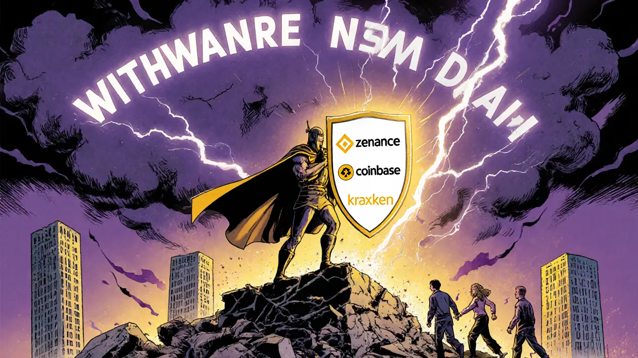 Guardian guides users away from crumbling Zedxion building toward safe exchanges.