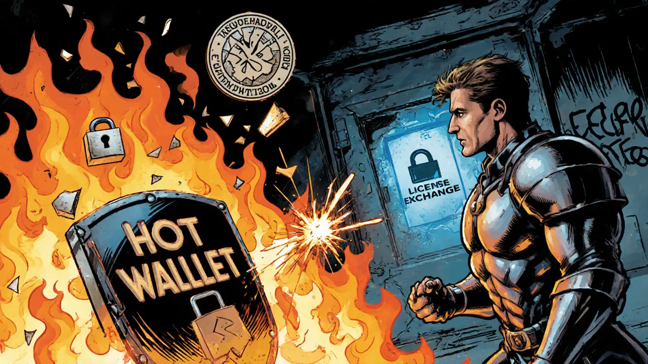 Hero faces blazing hot‑wallet furnace with broken padlock and missing license stamps.