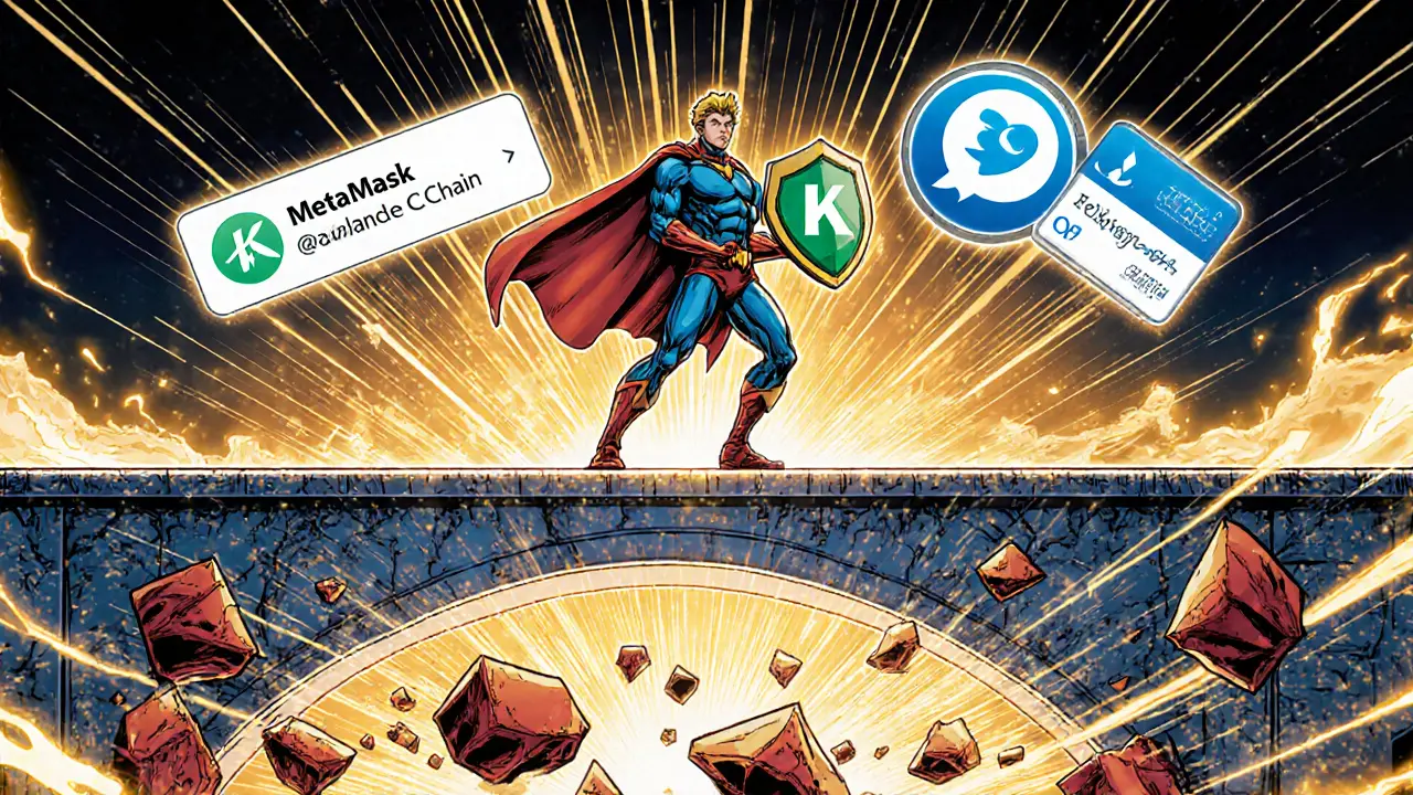 Hero holding a wallet shield amid collapsing phishing sites, guided by official KALATA icons.