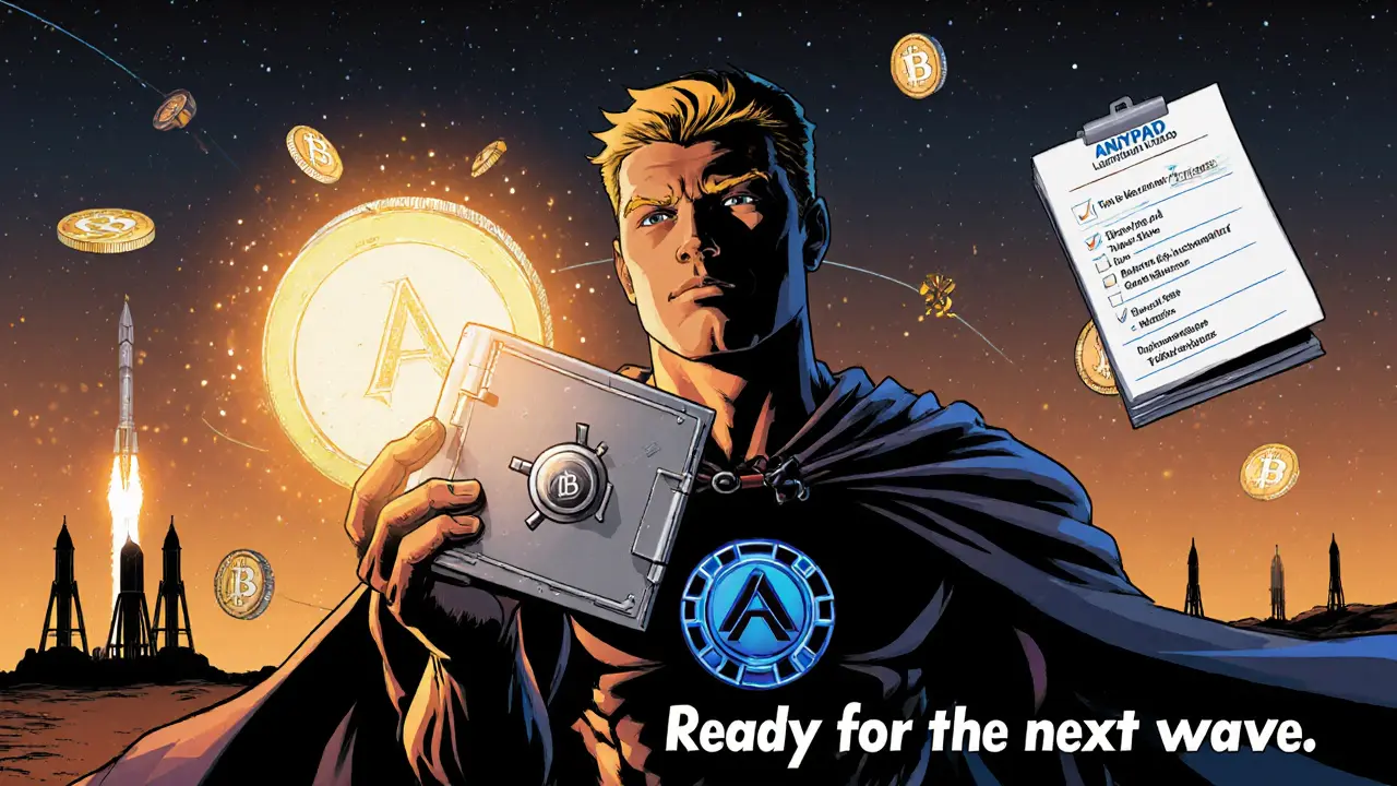 Hero holding hardware wallet with orbiting APAD tokens and launchpad rockets in the background.