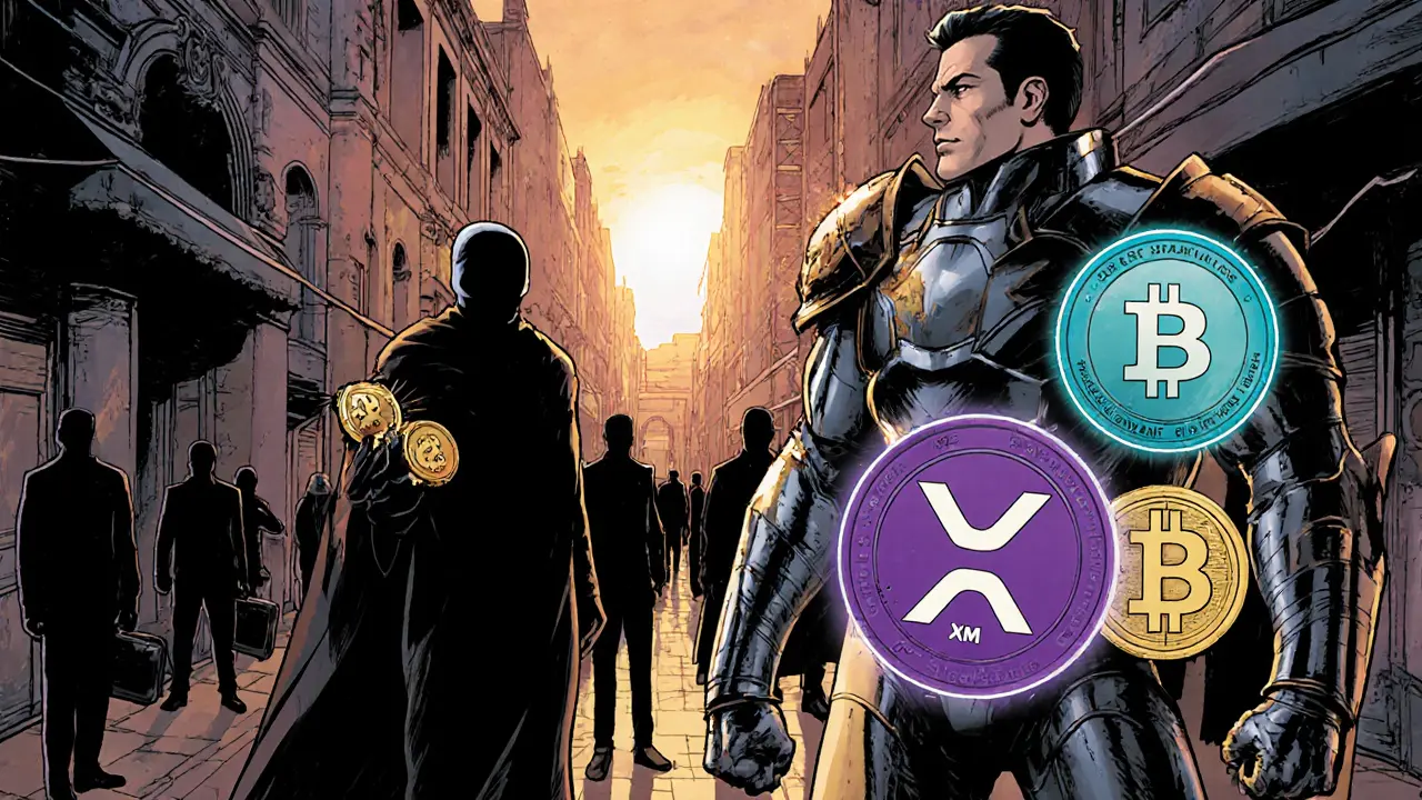 Hero stands with XRP, XLM, and USDC allies while a broken FLASH token crumbles.
