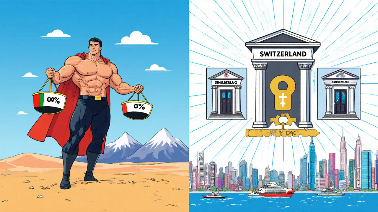 Hero trader weighing corporate tax scales and holding a banking key in front of cityscapes of UAE, Switzerland, Singapore, Hong Kong, and Bermuda.
