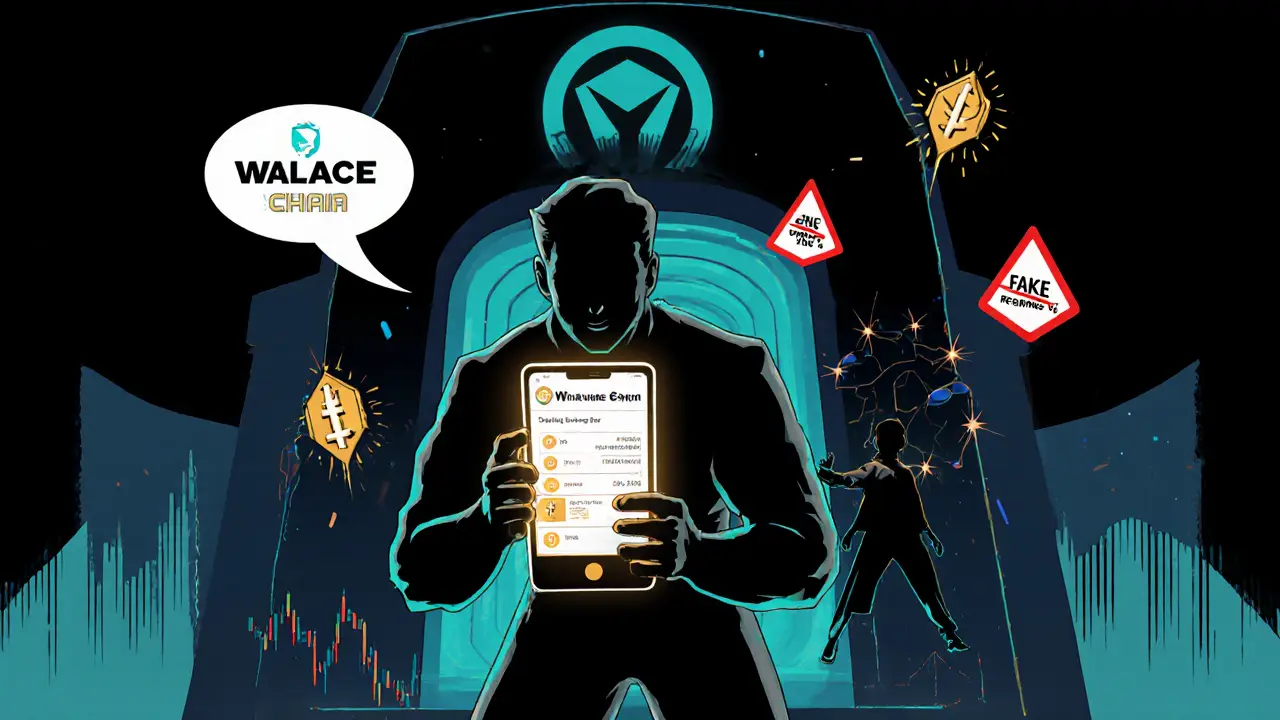 Heroic figure uses the Wallace Wallet app to claim GEO tokens, with ODIN Chain and Uniswap logos in the background.