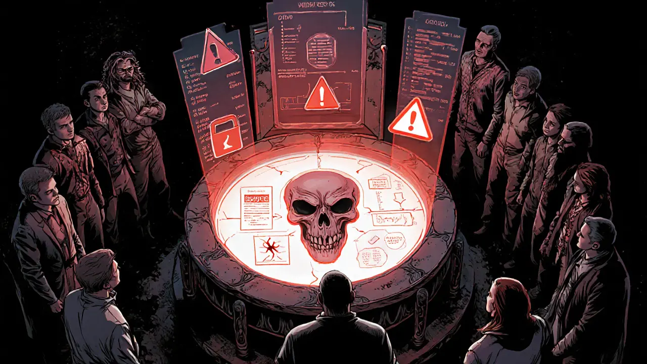 Meme‑token community staking at a glowing altar with risk symbols, comic style.
