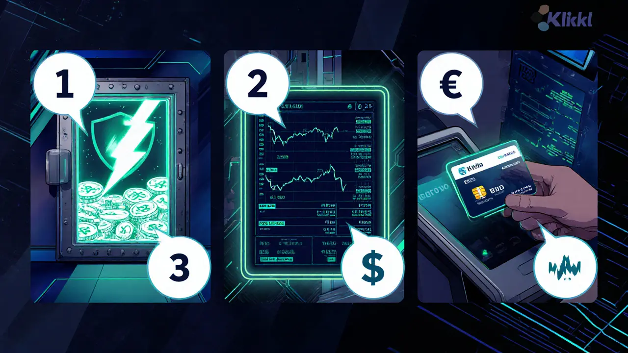 Multi‑panel comic showing crypto vault, fast trading screen, and virtual IBAN debit card.