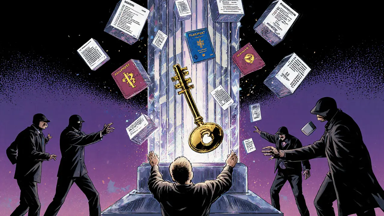 Person holds digital identity key unlocking personal data blocks anchored to an unbreakable blockchain pillar.