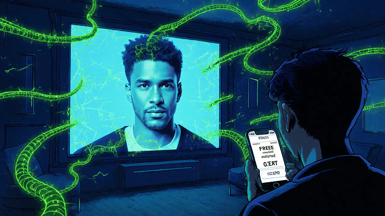 Person sending crypto to a fake AI-generated celebrity giveaway, glowing blockchain transactions in background.