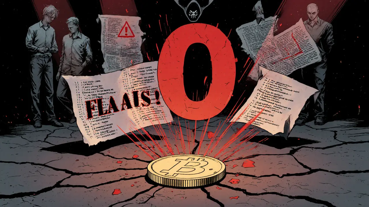 Shattered FLASH coin surrounded by red warning signs and empty GitHub code scrolls.