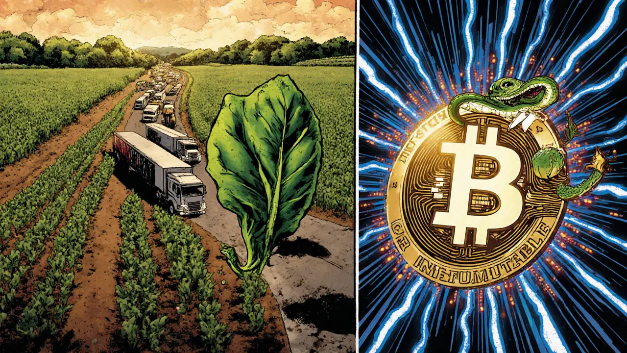 Spinach travels through supply chain with blockchain nodes lighting up each step, stopping a hacker from erasing data.