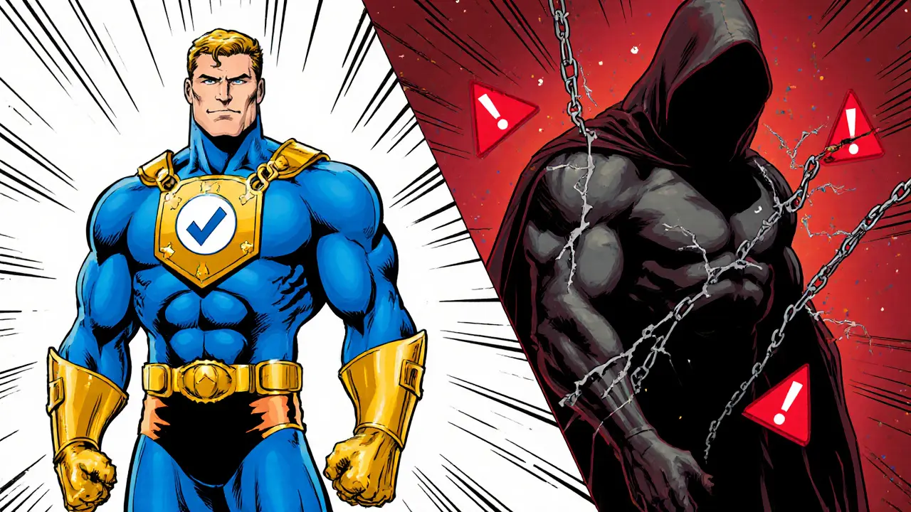 Split comic panel contrasting a bright audited DEX hero with a shadowy broken GIBX Swap figure.