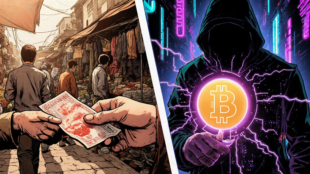 Split scene: market vendor handing cash versus hacker with Bitcoin hologram.