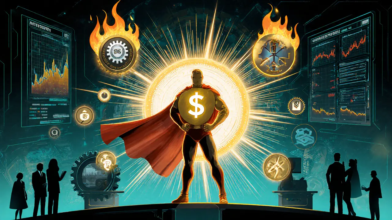 Superhero $POSI token surrounded by icons for tokenomics, staking, governance, and buy‑back.