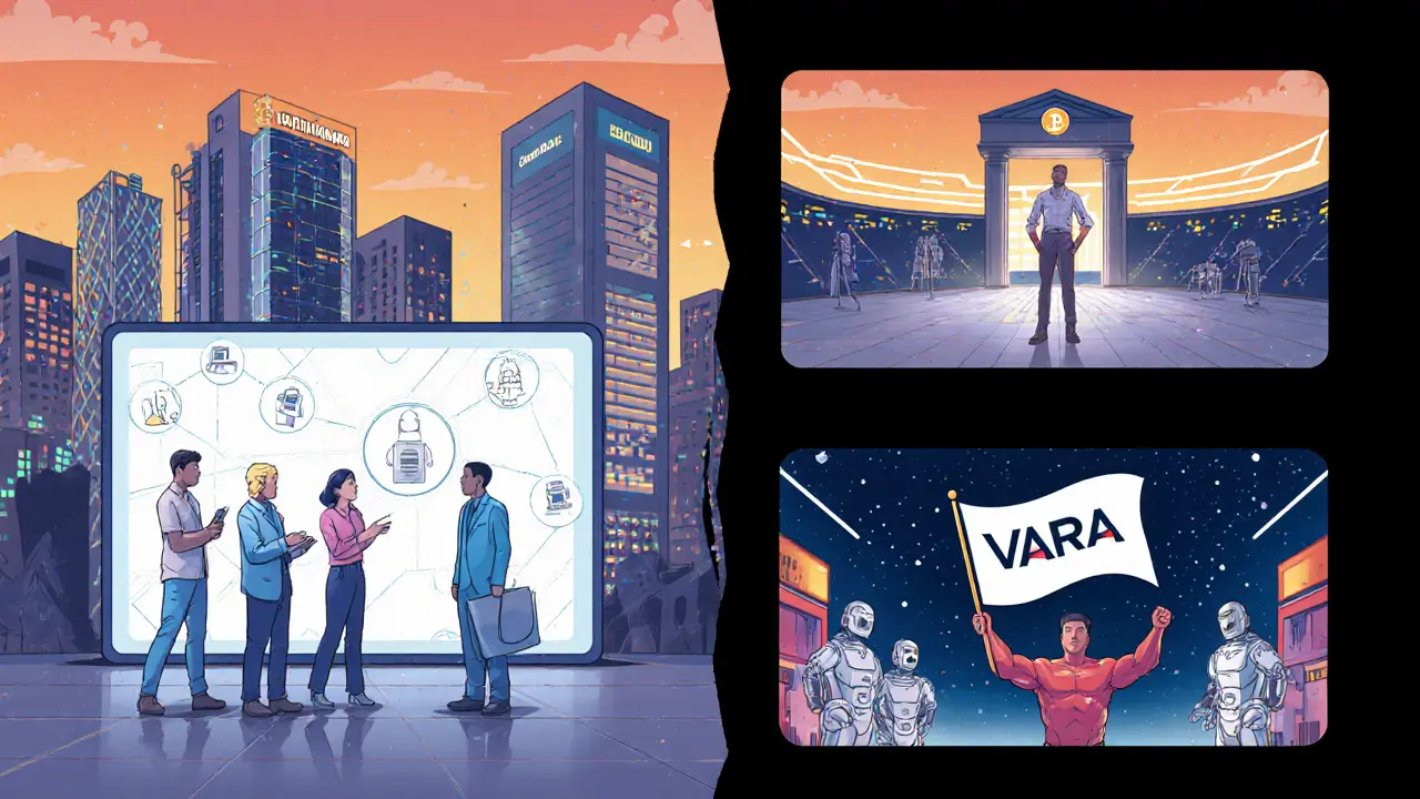 Team launching a crypto exchange, connecting to a bank and sandbox test in a comic illustration.