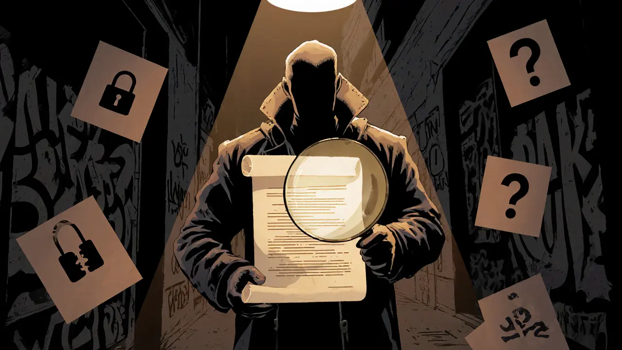 Trench‑coated investor examining a contract scroll with a magnifying glass in a dim alley.