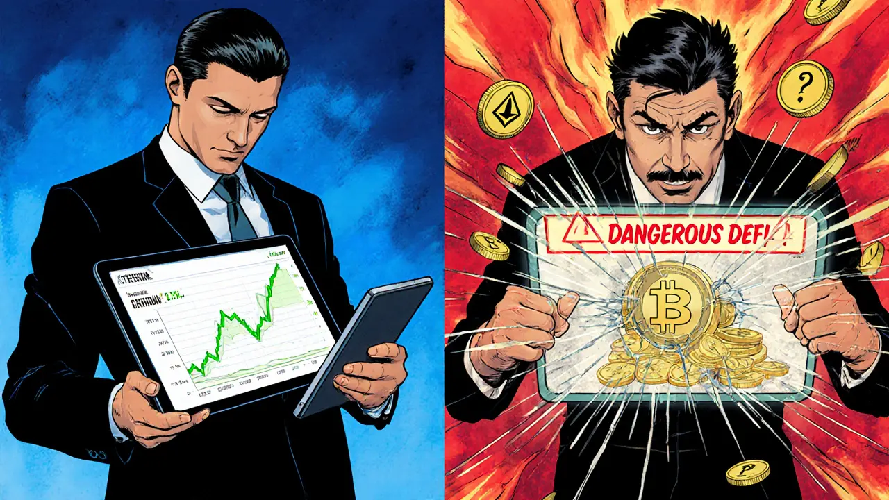 Two contrasting figures: one calm with stable APY, another panicked by a risky high-yield crypto offer.
