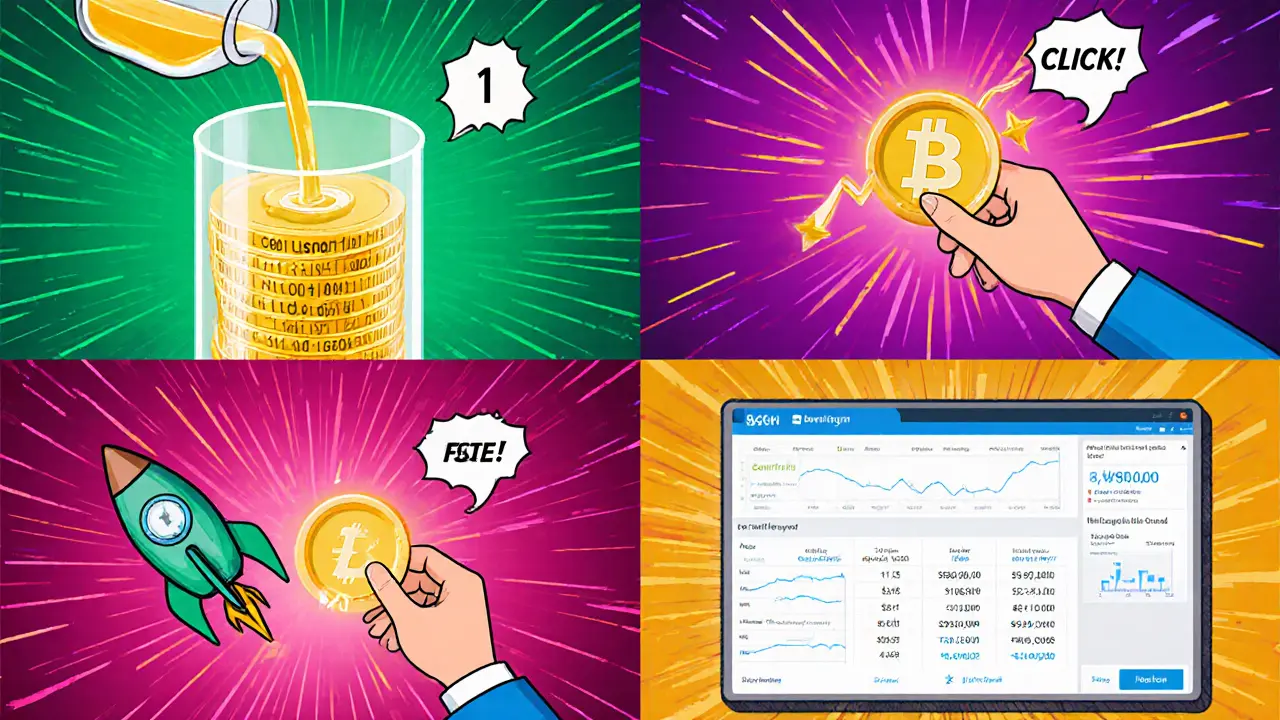 User adds liquidity, trades options, votes in governance, and checks rewards in a comic collage.