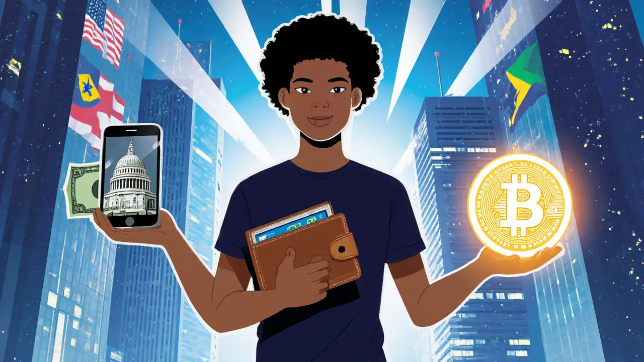 User balancing cash wallet, CBDC app, and crypto wallet in a futuristic city.