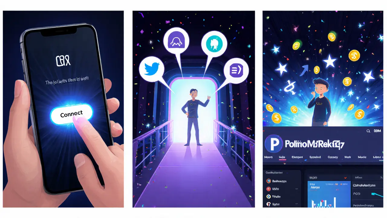 User connects BEP‑20 wallet, completes tasks, and trades on DEX2.0 with $POSI tokens raining down.