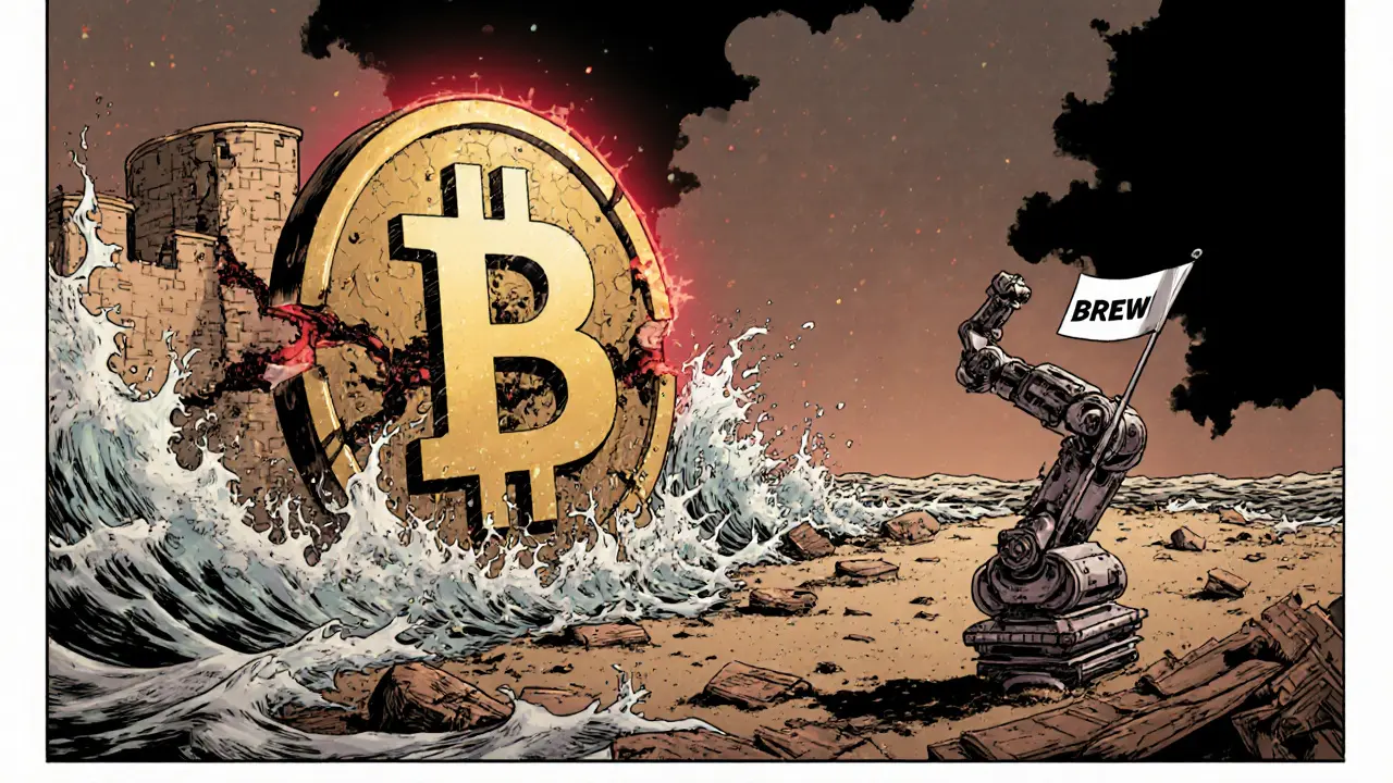 A BREW token sandcastle crumbling under fake trading waves, while a real DIY robot waves a flag in the distance.