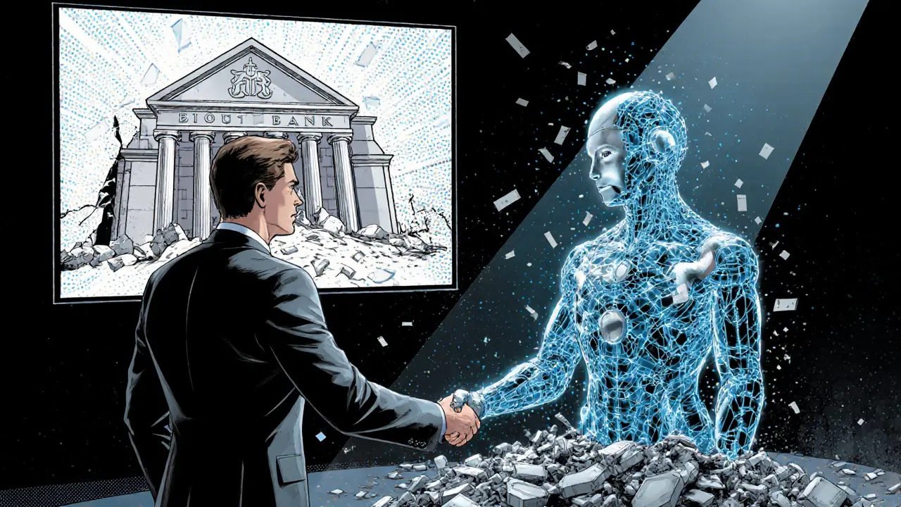 A corporate executive shakes hands with an AI made of blockchain nodes as a traditional bank vault crumbles beneath them.
