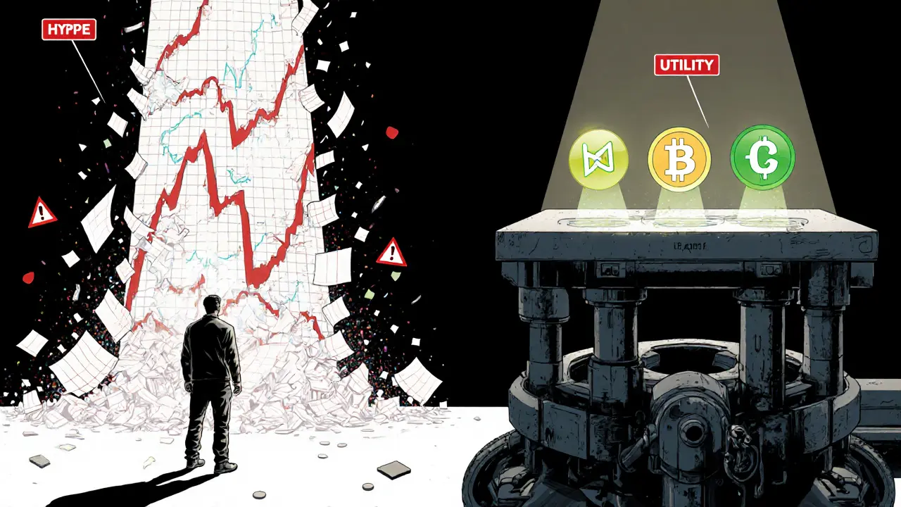A developer chooses utility over speculation as a sturdy platform rises beside a collapsing price chart tower.
