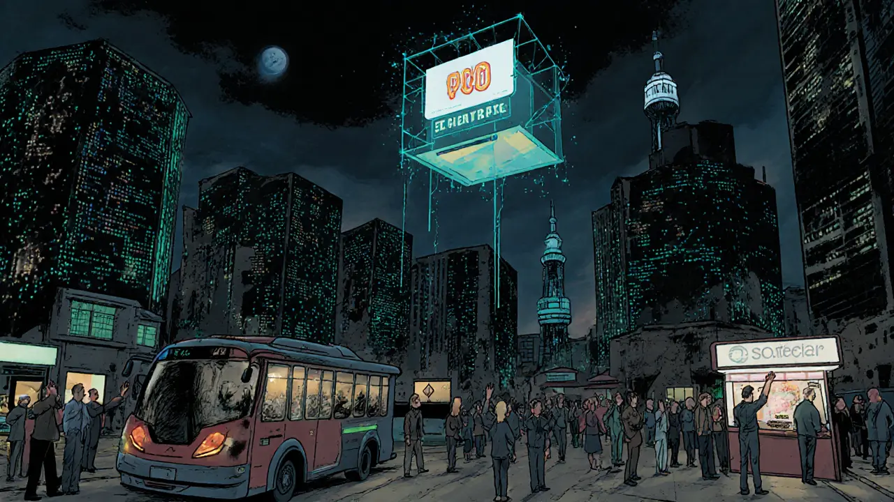 A futuristic city with blockchain-shaped buildings, citizens trading NFTs and using AI transport, DAO hologram above.