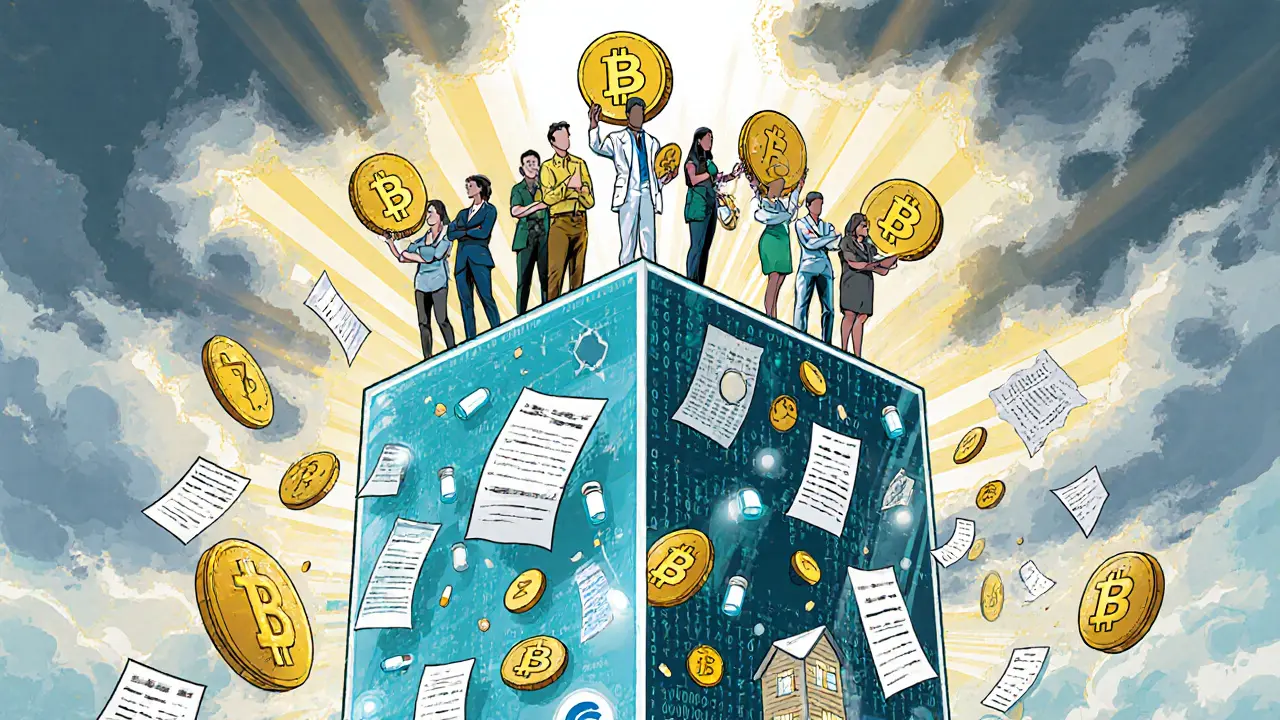 A global team stands atop a massive blockchain structure holding digital tokens, as paper documents dissolve into code below.