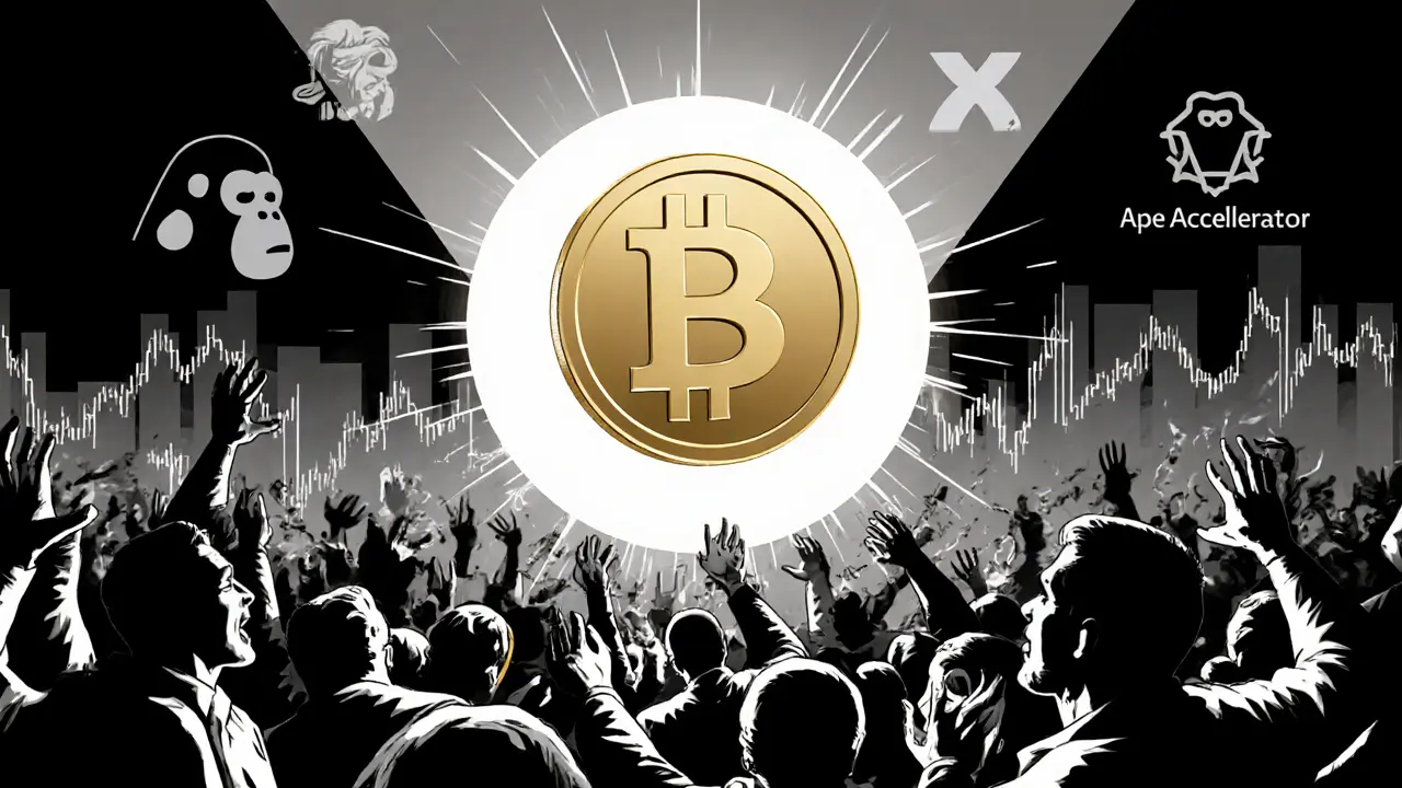 A glowing MONKY token floats calmly above a chaotic crypto trading floor, radiating stillness.