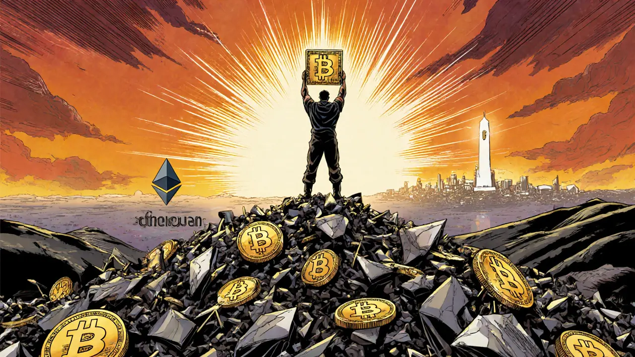 A lone miner stands victorious atop broken altcoins, holding a glowing Bitcoin block as proof-of-stake shines in the distance.