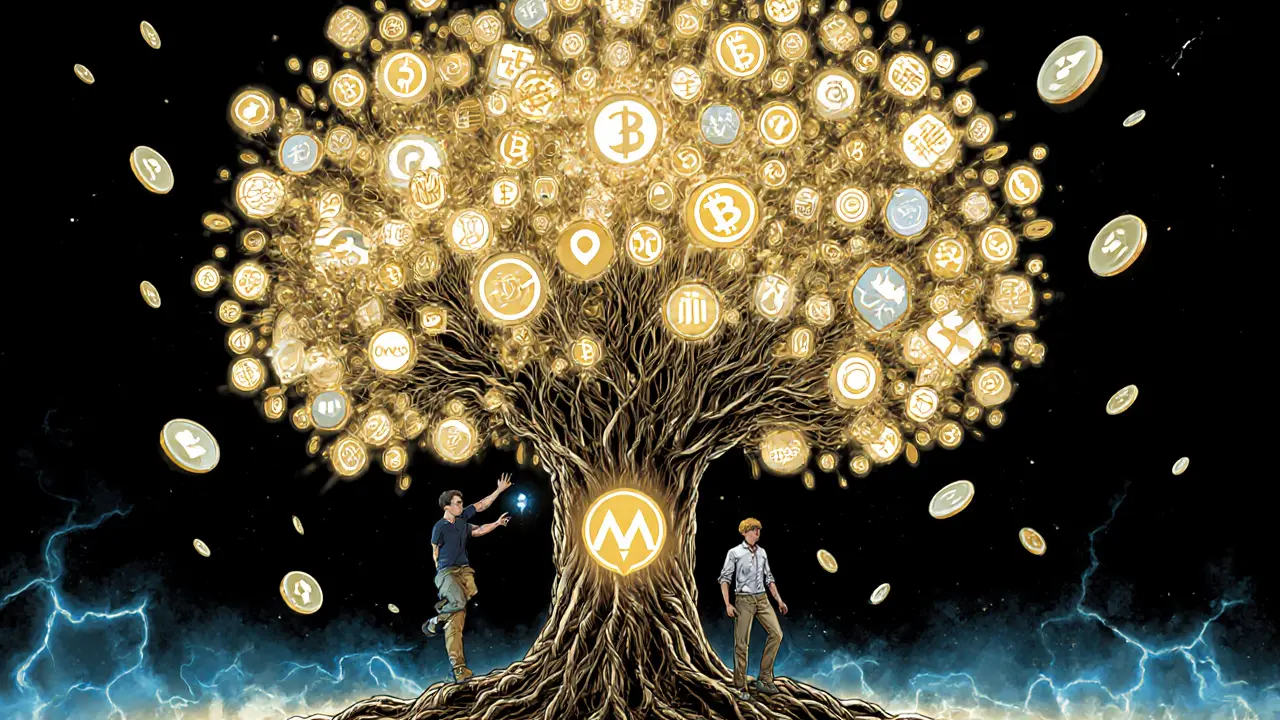 A massive digital tree of MOCA tokens feeds 450+ cultural apps, with Mocaverse avatars earning rewards along its branches.